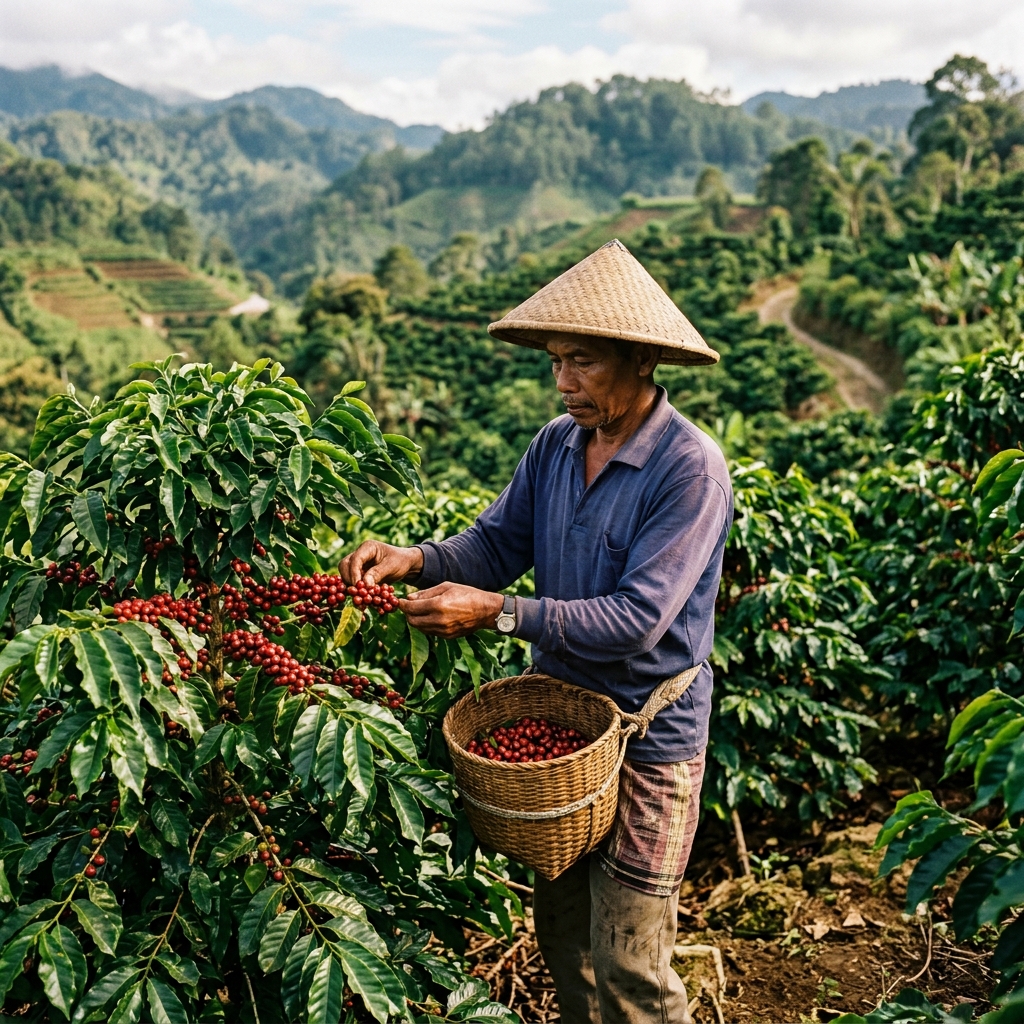Local coffee farmer in the Gayo Highlands picking coffee cherries