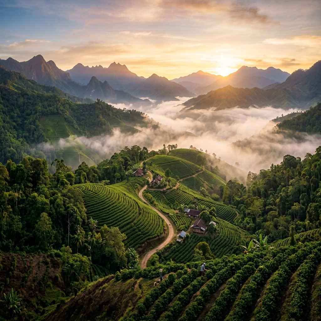 Panoramic view of the Gayo Highlands with coffee terraces and mountains